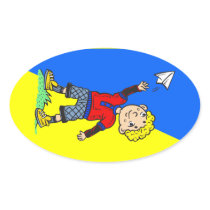 Boy Flying Paper Aeroplane Oval Sticker