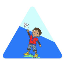 Boy Flying Paper Aeroplane Triangle Stickers