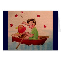 Boy Holding Heart in Boat Cards