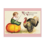 Boy on Pumpkin and Turkey Vintage Thanksgiving Postcard