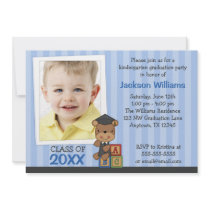 Boy Photo Graduation Bear Blue Stripes Invitations