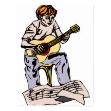 Boy playing acoustic guitar with sheet music postcards