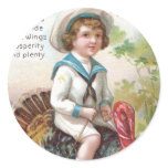 Boy Riding Turkey Vintage Thanksgiving Round Stickers