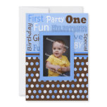 Boy's Blue Polka Dots Baby's First Birthday Photo Custom Invite