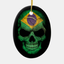 Brazilian Flag Skull on Black Christmas Ornament