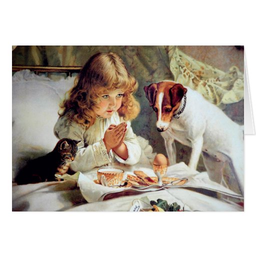 Breakfast in Bed: Girl, Terrier and Kitty Cat Greeting Card