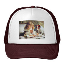 Breakfast in Bed: Girl, Terrier and Kitty Cat Mesh Hats