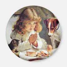 Breakfast in Bed: Girl, Terrier and Kitty Cat Fridge Magnet