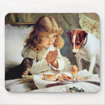 Breakfast in Bed: Girl, Terrier and Kitty Cat Mouse Pad