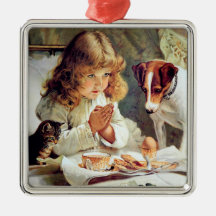 Breakfast in Bed: Girl, Terrier and Kitty Cat Christmas Tree Ornament