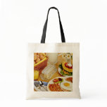 Breakfast of bacon, eggs and pitcher of milk  flow tote bag