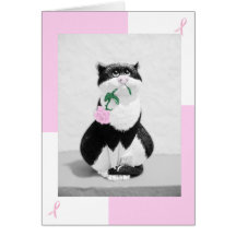 Breast Cancer Card Cat & Pink Rose; Pink Ribbons
