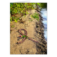Breast Cancer Greeting Card-Pink ribbon in sand.