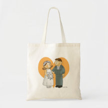 Bride and groom in heart bag