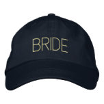 Bride cap in dark blue with light yellow font embroidered hats