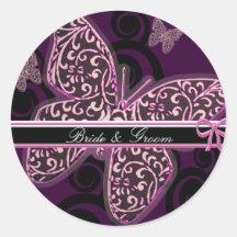 Bride Groom Butterflies Swirl Purple Black White Round Stickers