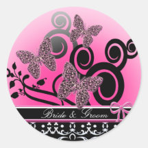 Bride & Groom Butterflies Swirls Pink Black &White Sticker