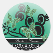 Bride & Groom Butterflies Swirls Teal Black &White Round Stickers