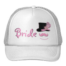 Bride hat with top hat, moustache, pearls, feather