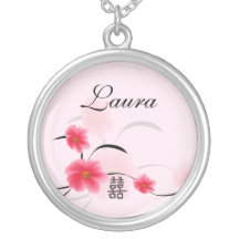 Bridesmaid Gift Pink Blossom Double Happiness Personalized Necklace