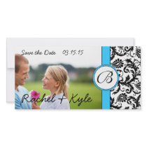 Bright Aqua Black Damask Save the Date Your Photo