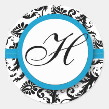 Bright Aqua Damask Monogram Wedding Stickers