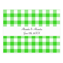 Bright green gingham pattern wedding favours post card