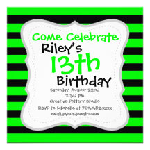 Bright Neon Lime Green and Black Stripes Custom Invitation