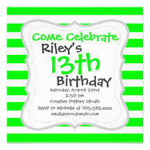 Bright Neon Lime Green and White Stripes Pattern Personalized Invites