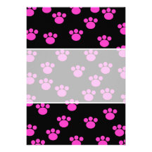 Bright Pink and Black Paw Print Pattern. Invites