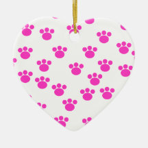 Bright Pink and White Paw Print Pattern. Christmas Tree Ornaments