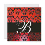 BRIGHT RED BLACK CLASSY DAMASK MONOGRAM , white invitations