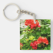 Bright Red Geraniums Square Acrylic Key Chain