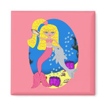 Brigit the Pink Mermaid and Dolphin Square Magnet