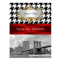 Brooklyn Bridge Blk Wht Houndstooth Save the Date Post Cards