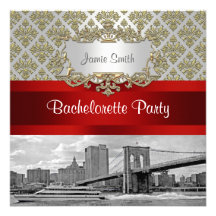 Brooklyn Bridge Gold White Damask Bachelorette Pty Personalized Announcement