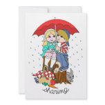 Brother & Sister Sharing Umbrella in Rain invitations