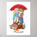 Brother & Sister Sharing Umbrella in Rain posters