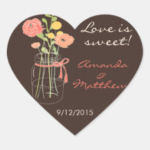 Brown and Coral Mason Jar Wedding Favor Stickers