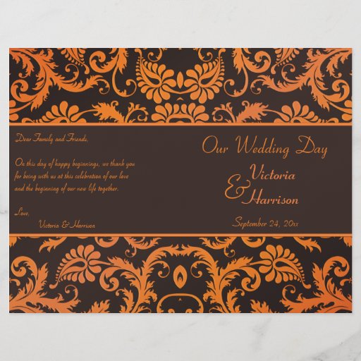 Brown and Orange Damask Wedding Program Full Colour Flyer