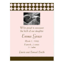 Brown and Pink Argyle Announcement (Customisable) Postcard