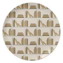 Brown and Tan Colour Books on Shelf. Dinner Plate