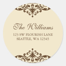 Brown and Tan Flourish Scroll Address Label Round Sticker