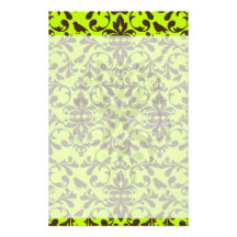 brown bird and lime green damask pattern stationery paper