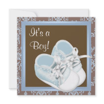 Brown Blue Damask Shoes Baby Boy Shower Invite