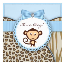 Brown Blue Monkey Baby Boy Shower Personalized Invitation