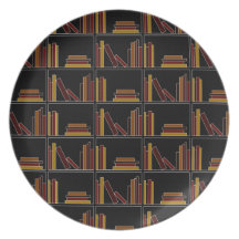 Brown, Burgundy and Mustard Colour Books on Shelf. Dinner Plates