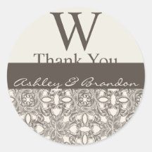 Brown Cream Damask Monogram Wedding Favour Tags Round Stickers