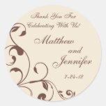 Brown & Cream Floral Curls Wedding Favour Labels Round Stickers