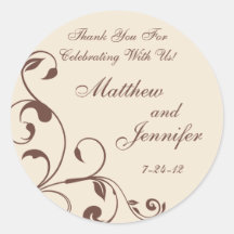 Brown & Cream Floral Curls Wedding Favour Labels Round Stickers